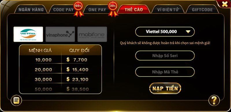 Nạp tiền qua thẻ cào điện thoại tại cổng game Go88