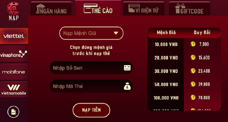 nạp tiền tại man club nhanh qua thẻ cào