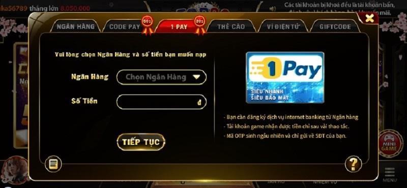 nạp tiền top88 bằng 1pay