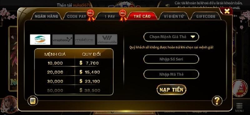 nạp tiền top88 bằng thẻ cào