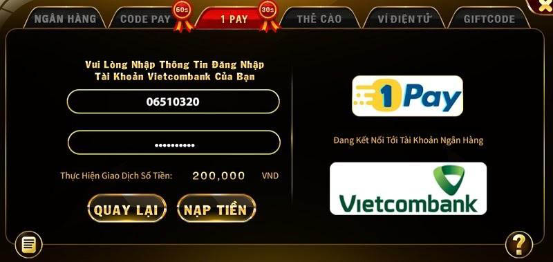 nhập đầy đủ thông tin khi nạp tiền qua 1pay