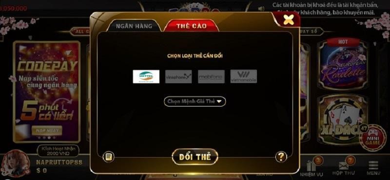 rút tiền quy đổi sang thẻ điện thoại từ top88