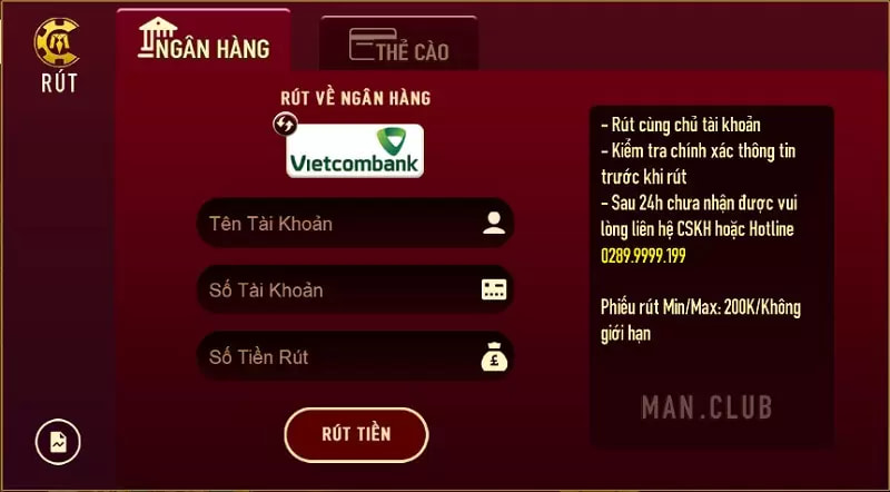 rút tiền về ngân hàng tại man club