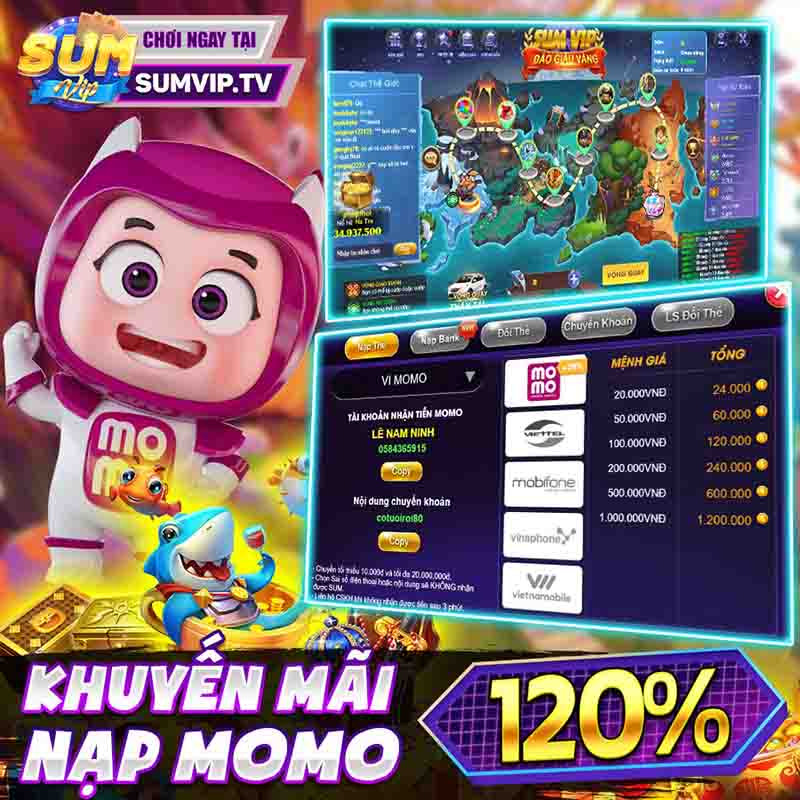 sumvip tặng 120% giá trị khi nạp qua momo